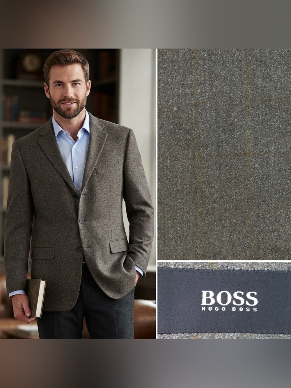 Vintage Hugo Boss Men's 46L Brown Windowpane Plaid Wool Tweed Blazer Jacket